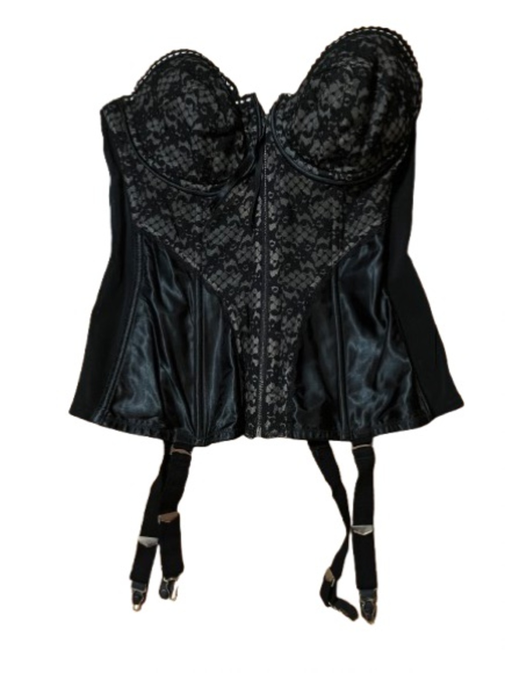 JCPenney Vintage Black Lace Satin Zipper Corset with Garter Straps Size 38C